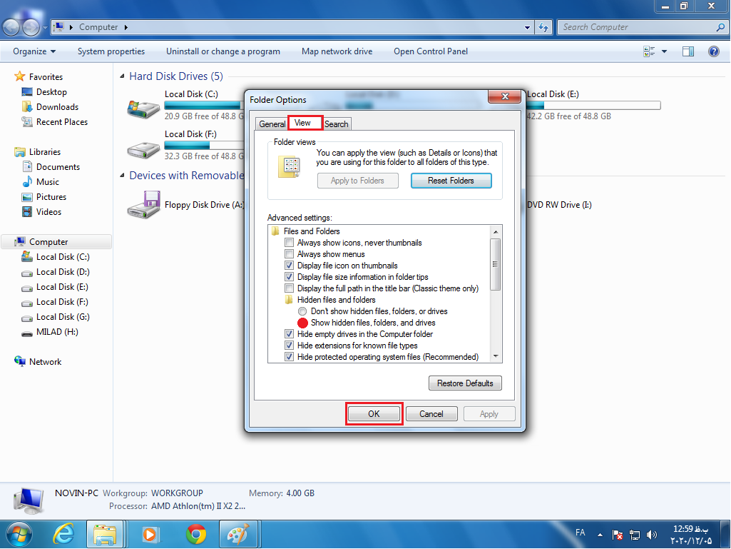تنظیمات فعال سازی نمایش فایل های مخفی در ویندوز